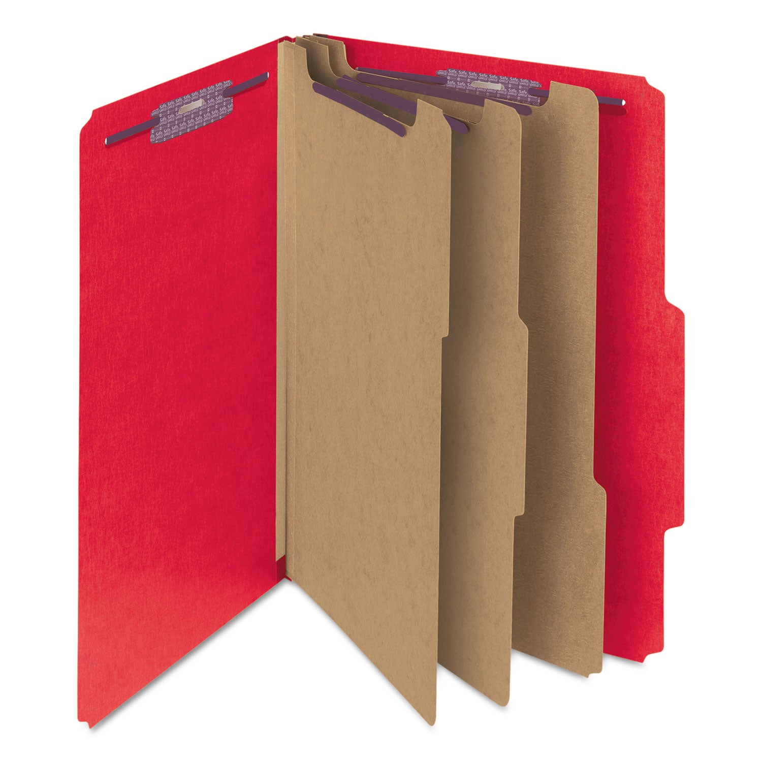 Eight-Section Pressboard Top Tab Classification Folders, 8 SafeSHIELD Fasteners, 3 Dividers, Letter Size, Bright Red, 10/Box - 