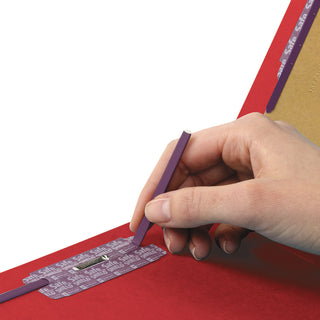 End Tab Pressboard Classification Folders, Six SafeSHIELD Fasteners, 2" Expansion, 2 Dividers, Letter Size, Bright Red, 10/BX
