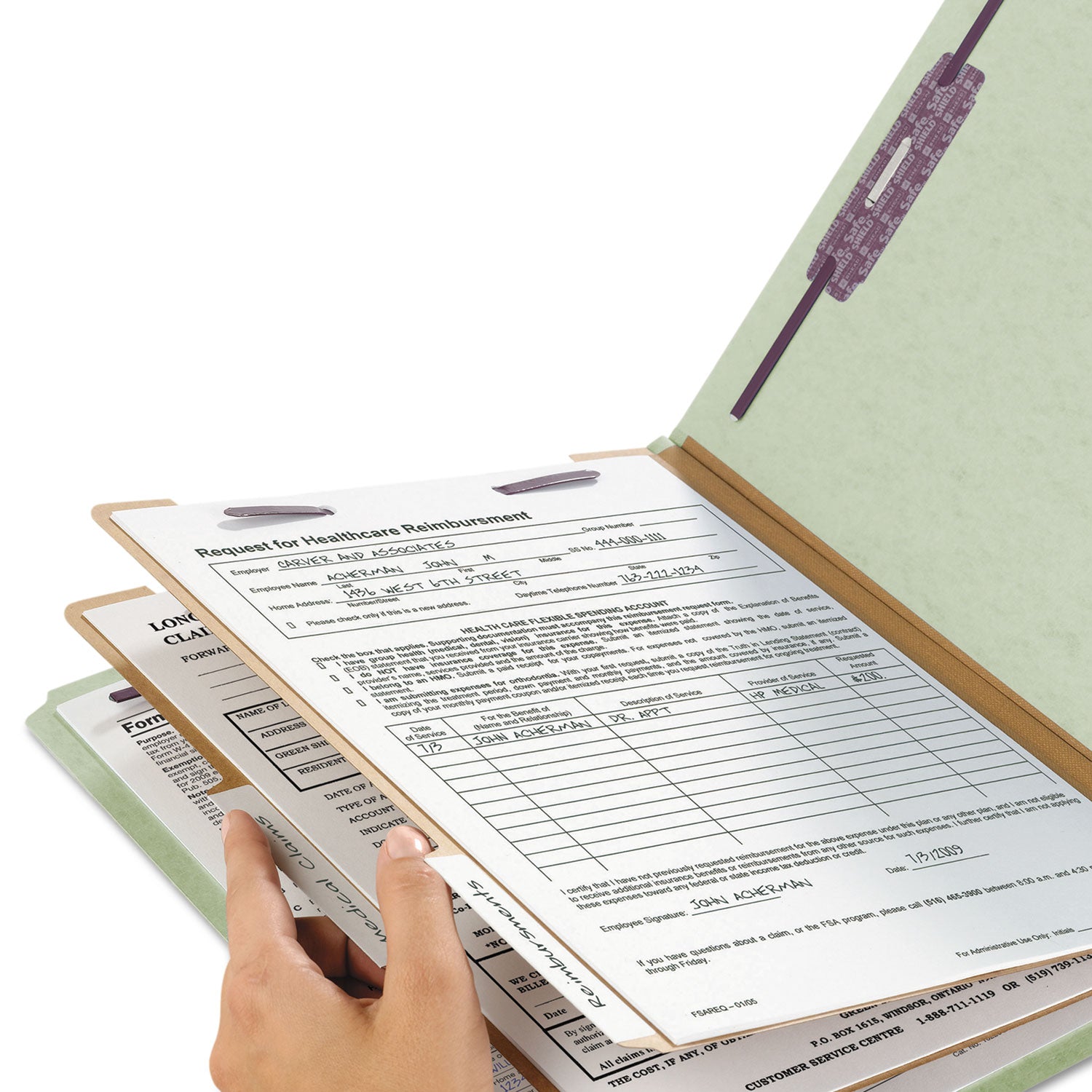 Pressboard Classification Folders, Six SafeSHIELD Fasteners, 2/5-Cut Tabs, 2 Dividers, Letter Size, Gray-Green, 10/Box - 
