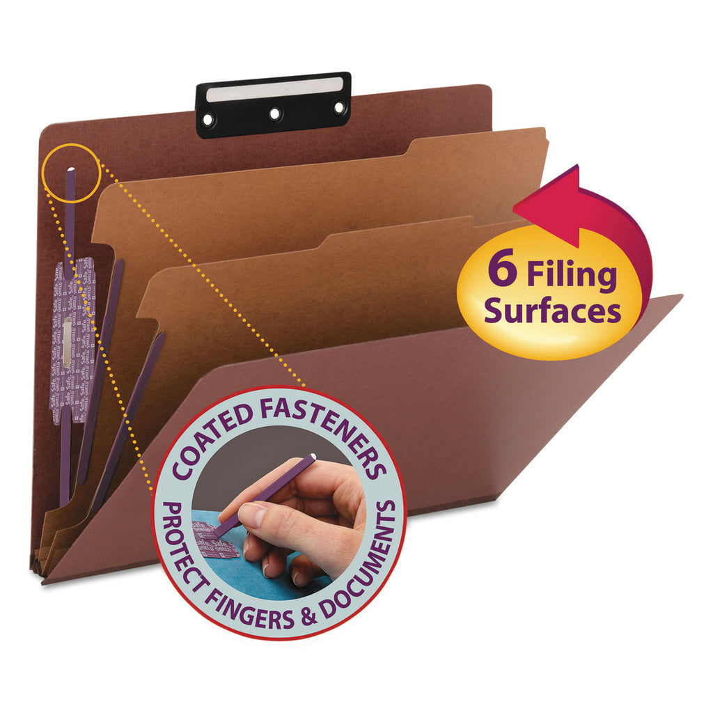 Pressboard Classification Folders, Six SafeSHIELD Fasteners, 1/3-Cut Tabs, 2 Dividers, Letter Size, Red, 10/Box - 