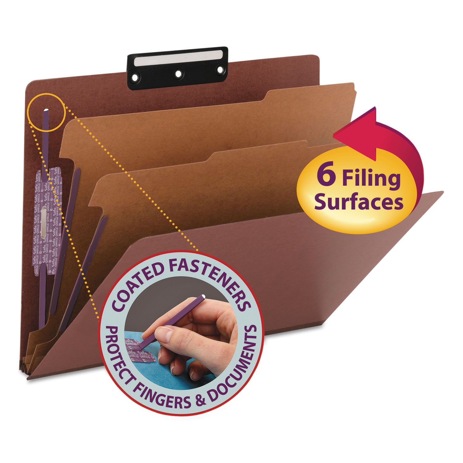 Pressboard Classification Folders, Six SafeSHIELD Fasteners, 1/3-Cut Tabs, 2 Dividers, Letter Size, Red, 10/Box - 