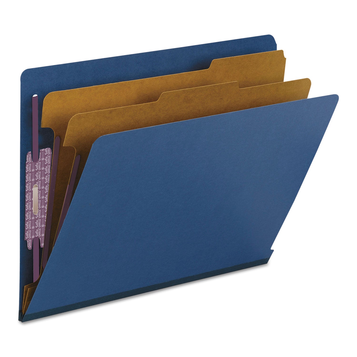 End Tab Pressboard Classification Folders, Six SafeSHIELD Fasteners, 2" Expansion, 2 Dividers, Letter Size, Dark Blue, 10/Box - 