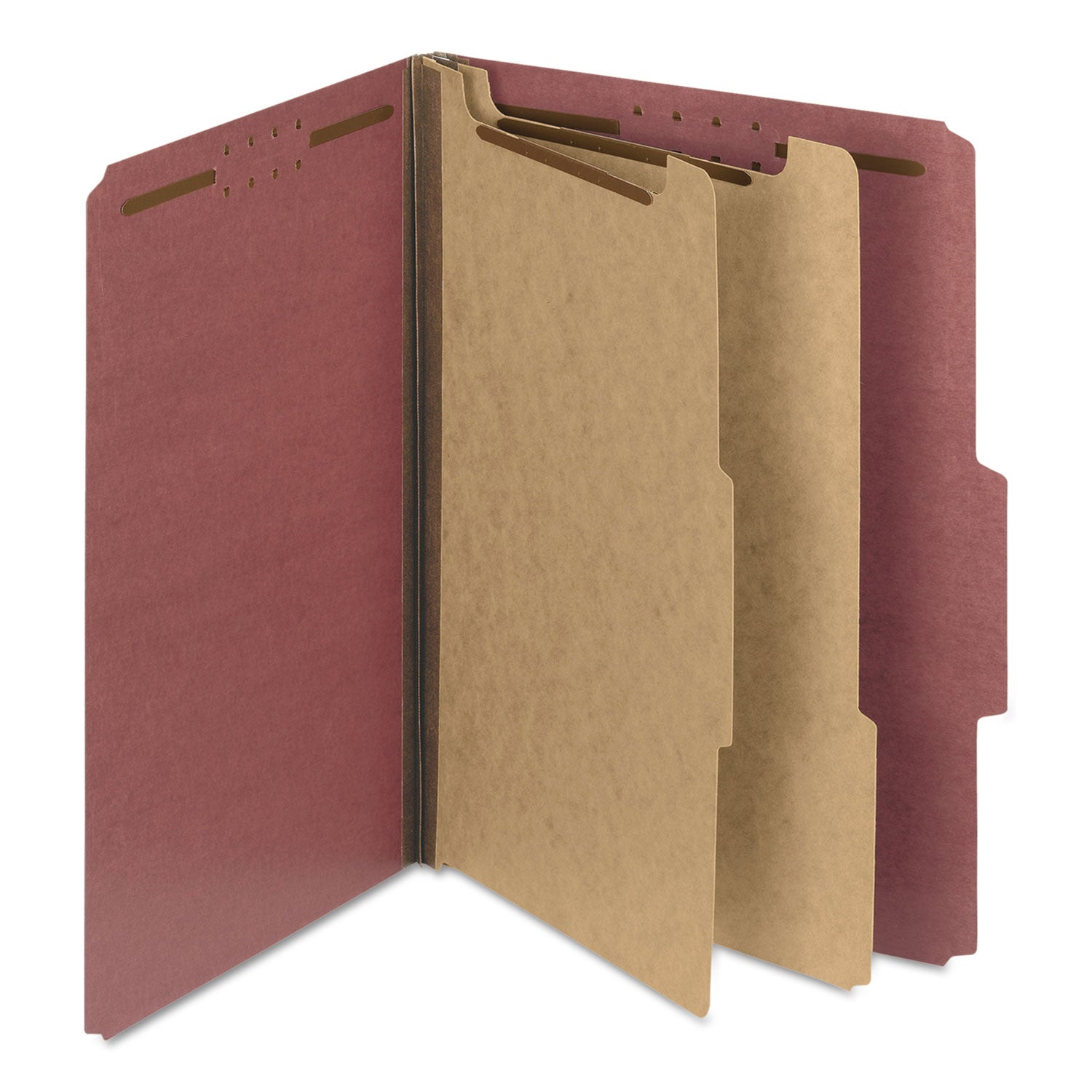Recycled Pressboard Classification Folders, 2" Expansion, 2 Dividers, 6 Fasteners, Letter Size, Red Exterior, 10/Box - 