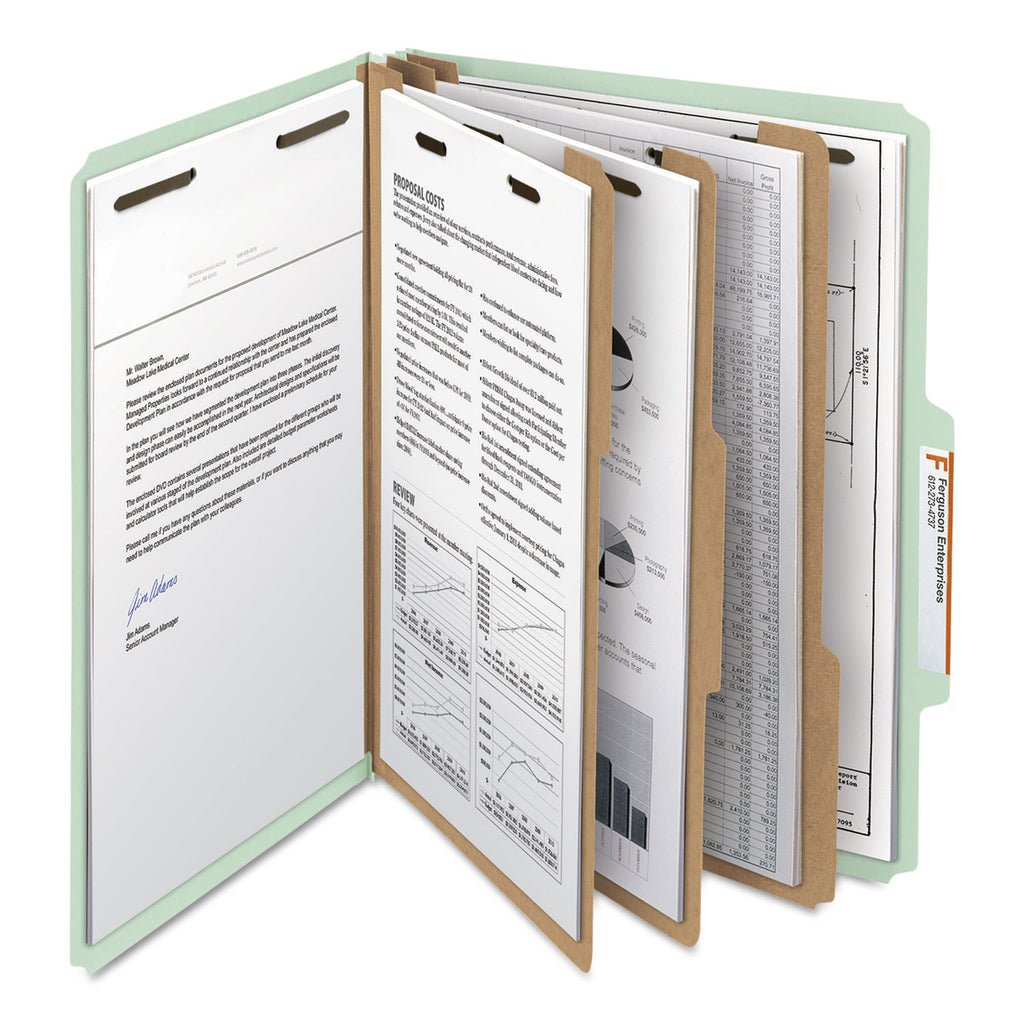 Recycled Pressboard Classification Folders, 3" Expansion, 3 Dividers, 8 Fasteners, Letter Size, Gray-Green, 10/Box - 