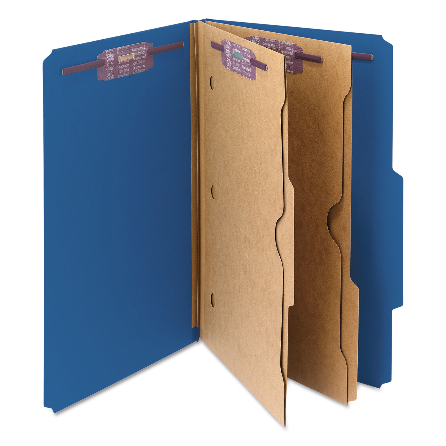 6-Section Pressboard Top Tab Pocket Classification Folders, 6 SafeSHIELD Fasteners, 2 Dividers, Legal Size, Dark Blue, 10/Box - 