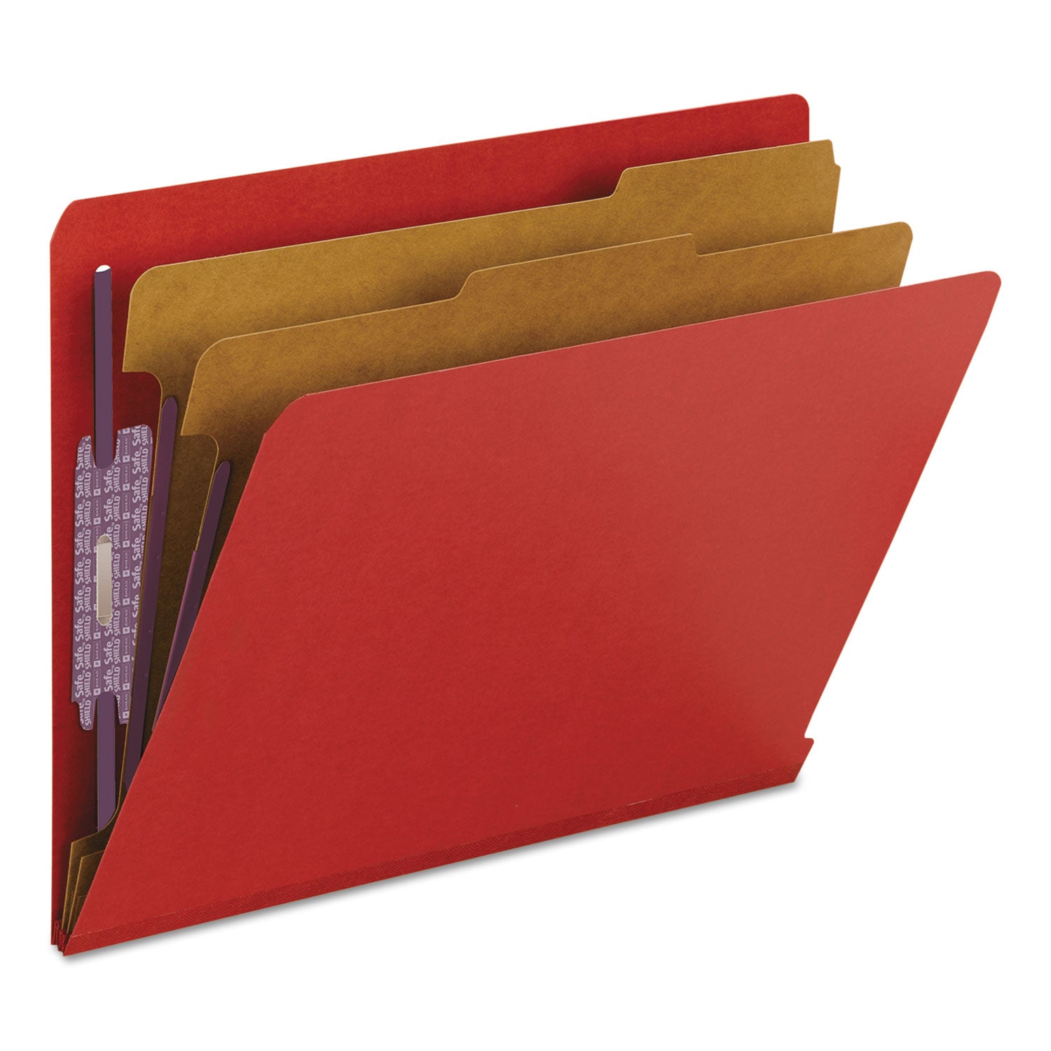 End Tab Pressboard Classification Folders, Six SafeSHIELD Fasteners, 2" Expansion, 2 Dividers, Letter Size, Bright Red, 10/BX - 