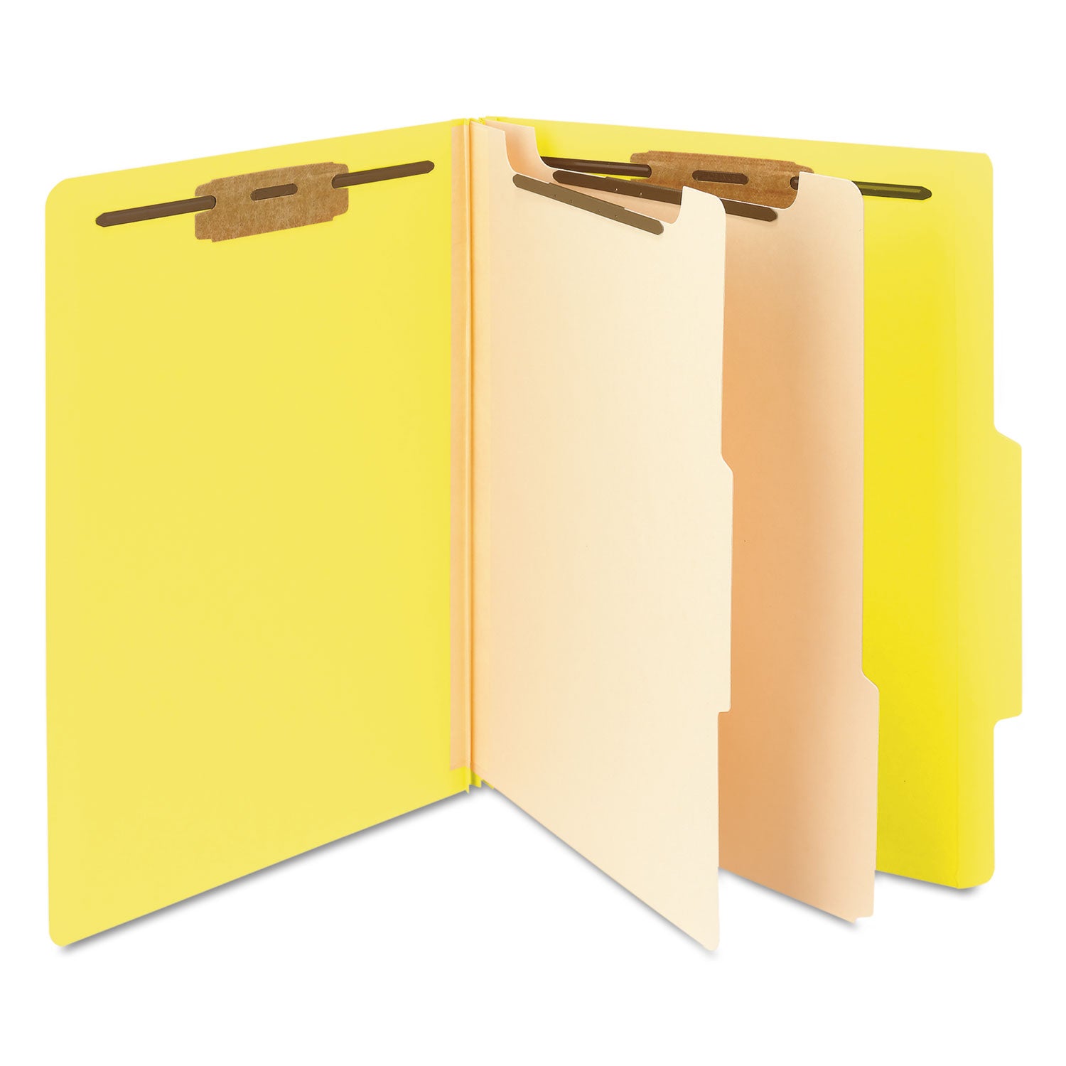 Top Tab Classification Folders, Six SafeSHIELD Fasteners, 2" Expansion, 2 Dividers, Letter Size, Yellow Exterior, 10/Box - 