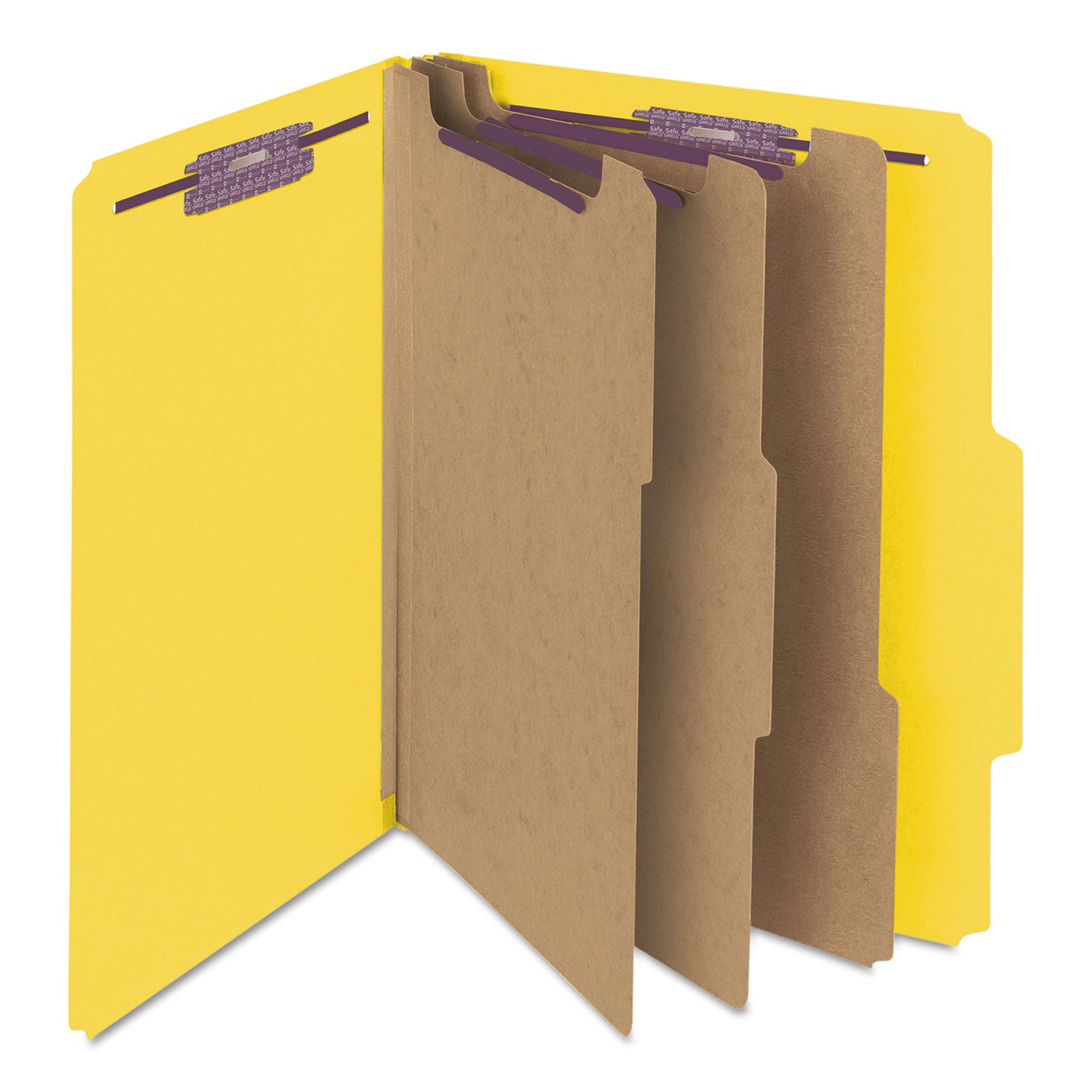 Eight-Section Pressboard Top Tab Classification Folders, Eight SafeSHIELD Fasteners, 3 Dividers, Letter Size, Yellow, 10/Box - 