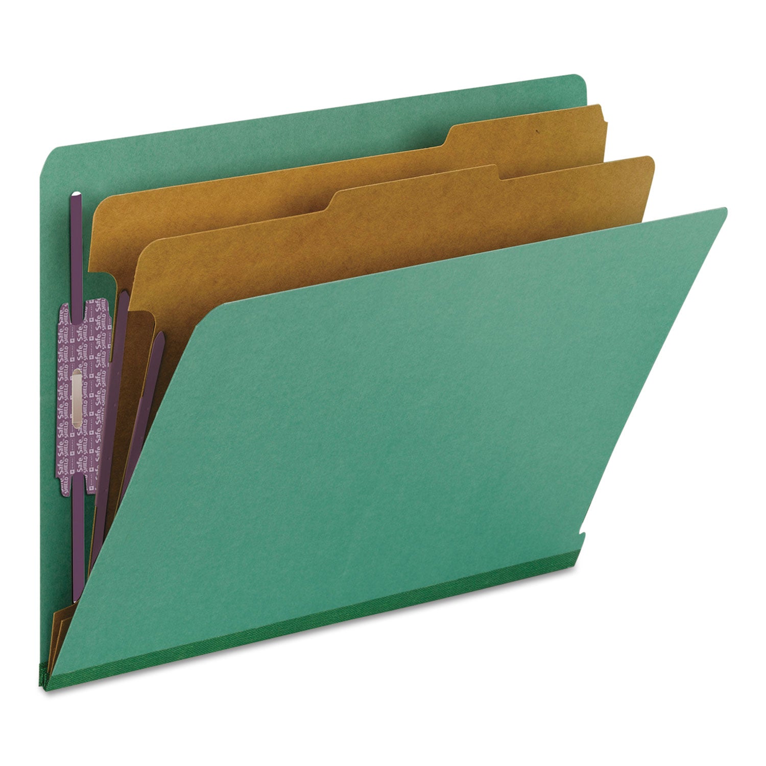 End Tab Pressboard Classification Folders, Six SafeSHIELD Fasteners, 2" Expansion, 2 Dividers, Letter Size, Green, 10/Box - 