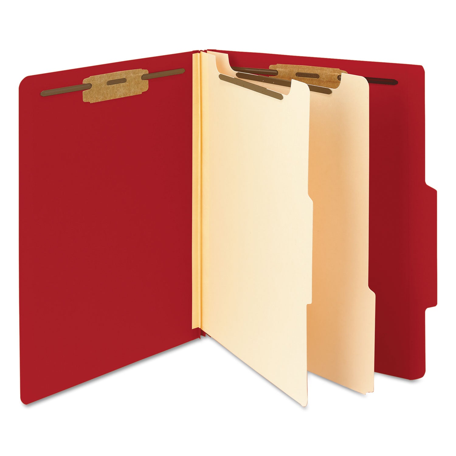Top Tab Classification Folders, Six SafeSHIELD Fasteners, 2" Expansion, 2 Dividers, Letter Size, Red Exterior, 10/Box - 