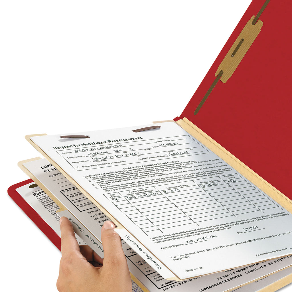 Top Tab Classification Folders, Six SafeSHIELD Fasteners, 2" Expansion, 2 Dividers, Letter Size, Red Exterior, 10/Box