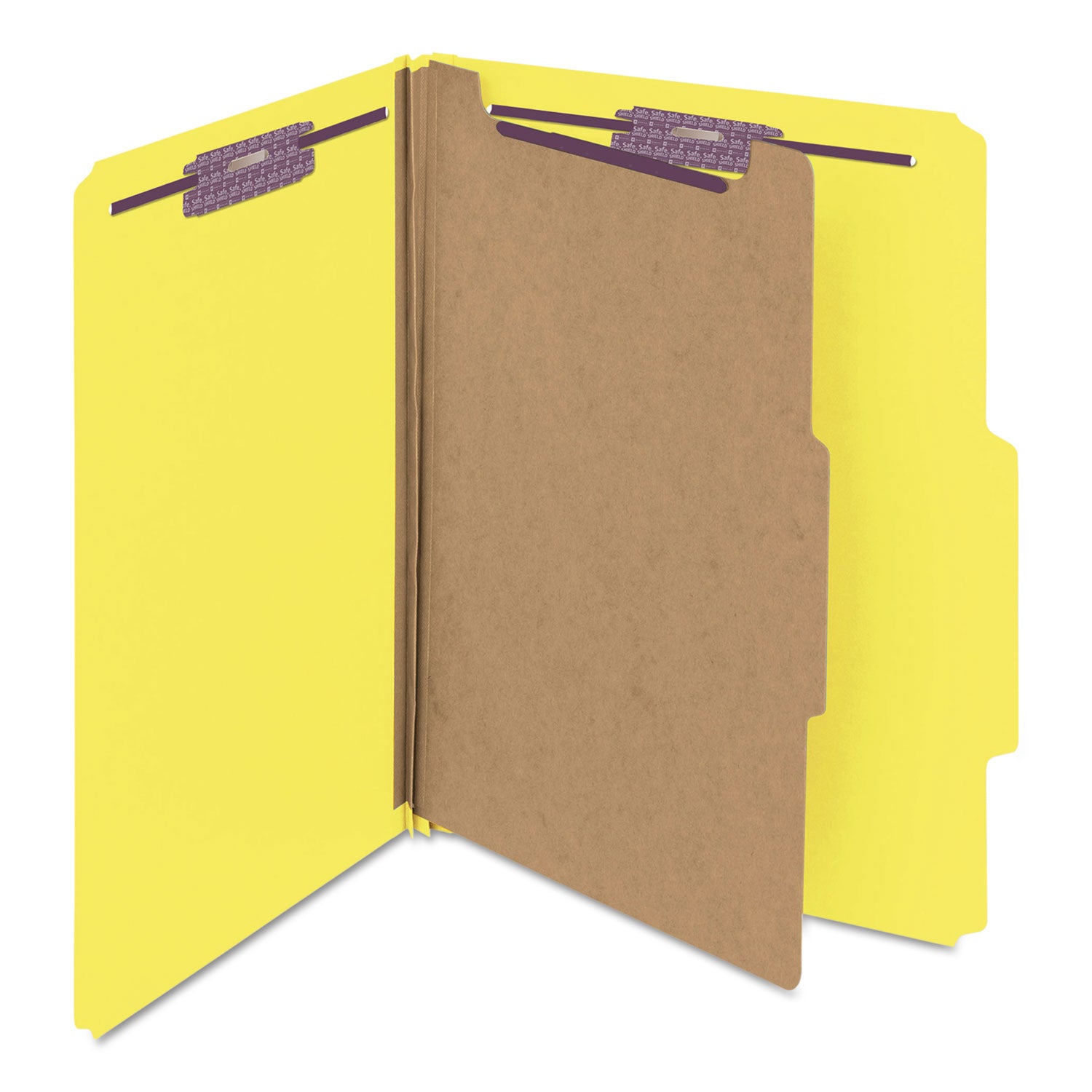 Four-Section Pressboard Top Tab Classification Folders, Four SafeSHIELD Fasteners, 1 Divider, Letter Size, Yellow, 10/Box - 