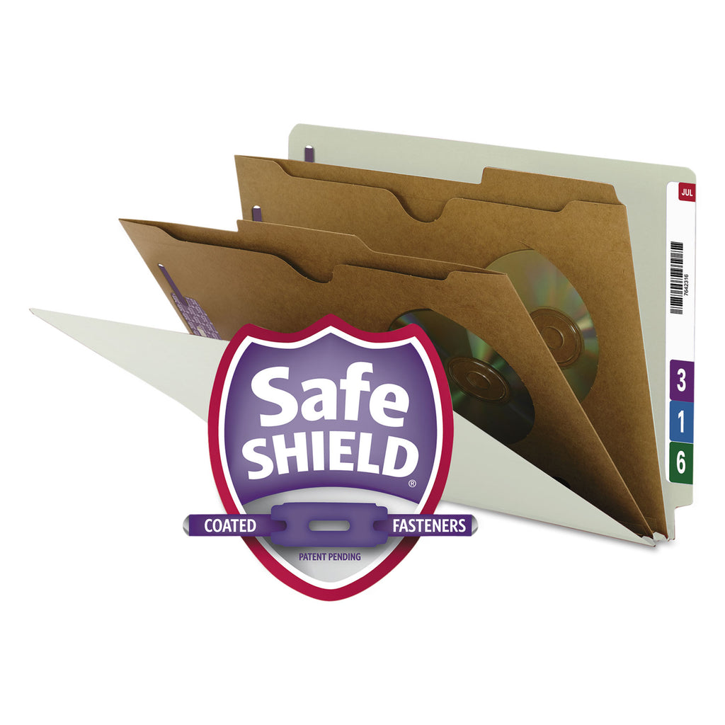 X-Heavy End Tab Pressboard Classification Folders, Six SafeSHIELD Fasteners, 2 Dividers, Legal Size, Gray-Green, 10/Box - 