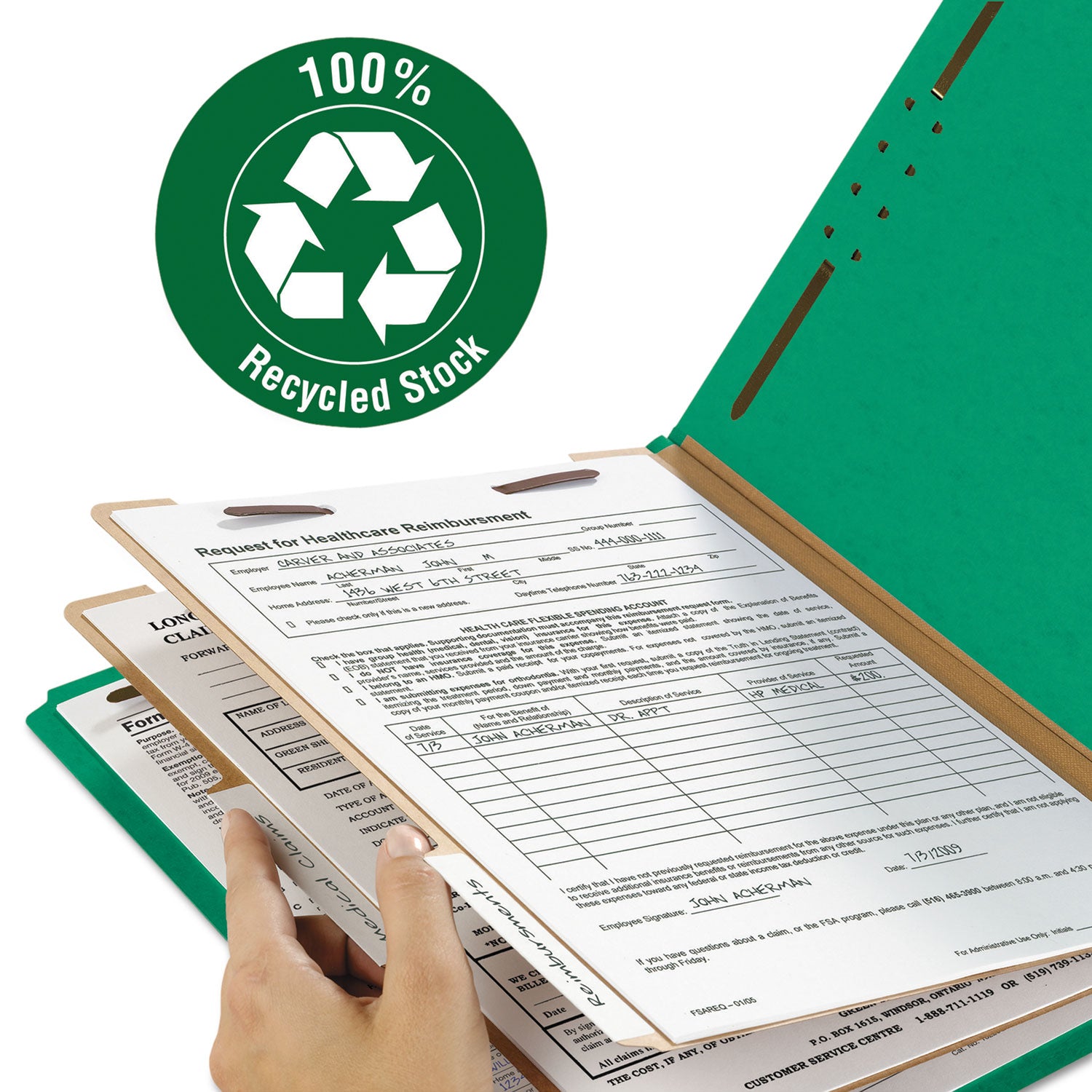 Recycled Pressboard Classification Folders, 2" Expansion, 2 Dividers, 6 Fasteners, Letter Size, Green Exterior, 10/Box - 