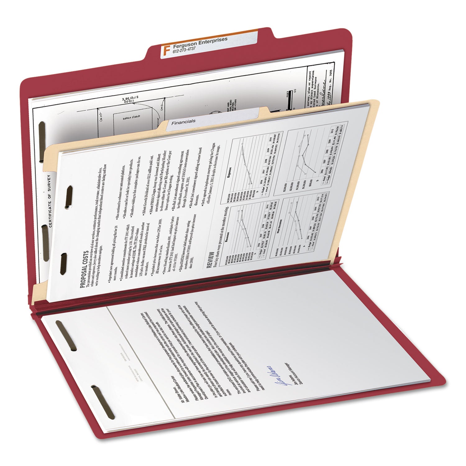 Top Tab Classification Folders, Four SafeSHIELD Fasteners, 2" Expansion, 1 Divider, Letter Size, Red Exterior, 10/Box