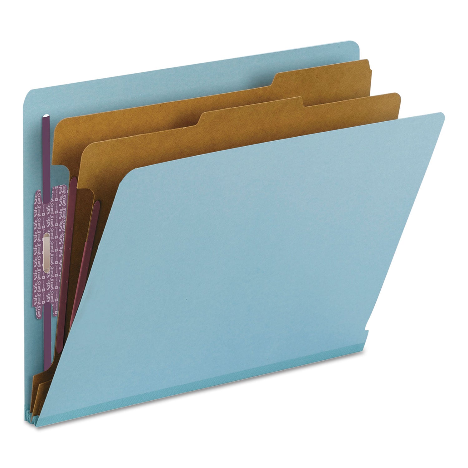 End Tab Pressboard Classification Folders, Six SafeSHIELD Fasteners, 2" Expansion, 2 Dividers, Letter Size, Blue, 10/Box - 