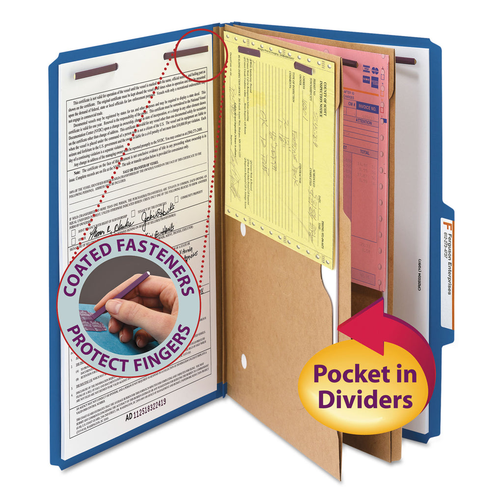 6-Section Pressboard Top Tab Pocket Classification Folders, 6 SafeSHIELD Fasteners, 2 Dividers, Legal Size, Dark Blue, 10/Box - 