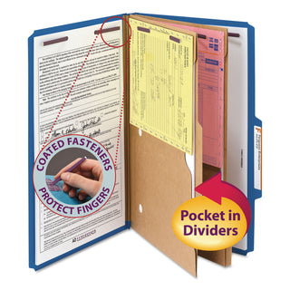 6-Section Pressboard Top Tab Pocket Classification Folders, 6 SafeSHIELD Fasteners, 2 Dividers, Legal Size, Dark Blue, 10/Box - 