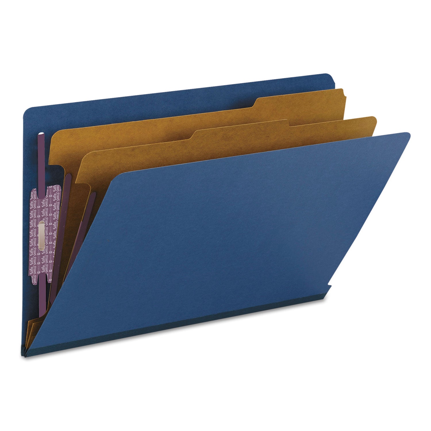 End Tab Pressboard Classification Folders, Six SafeSHIELD Fasteners, 2" Expansion, 2 Dividers, Legal Size, Dark Blue, 10/Box - 