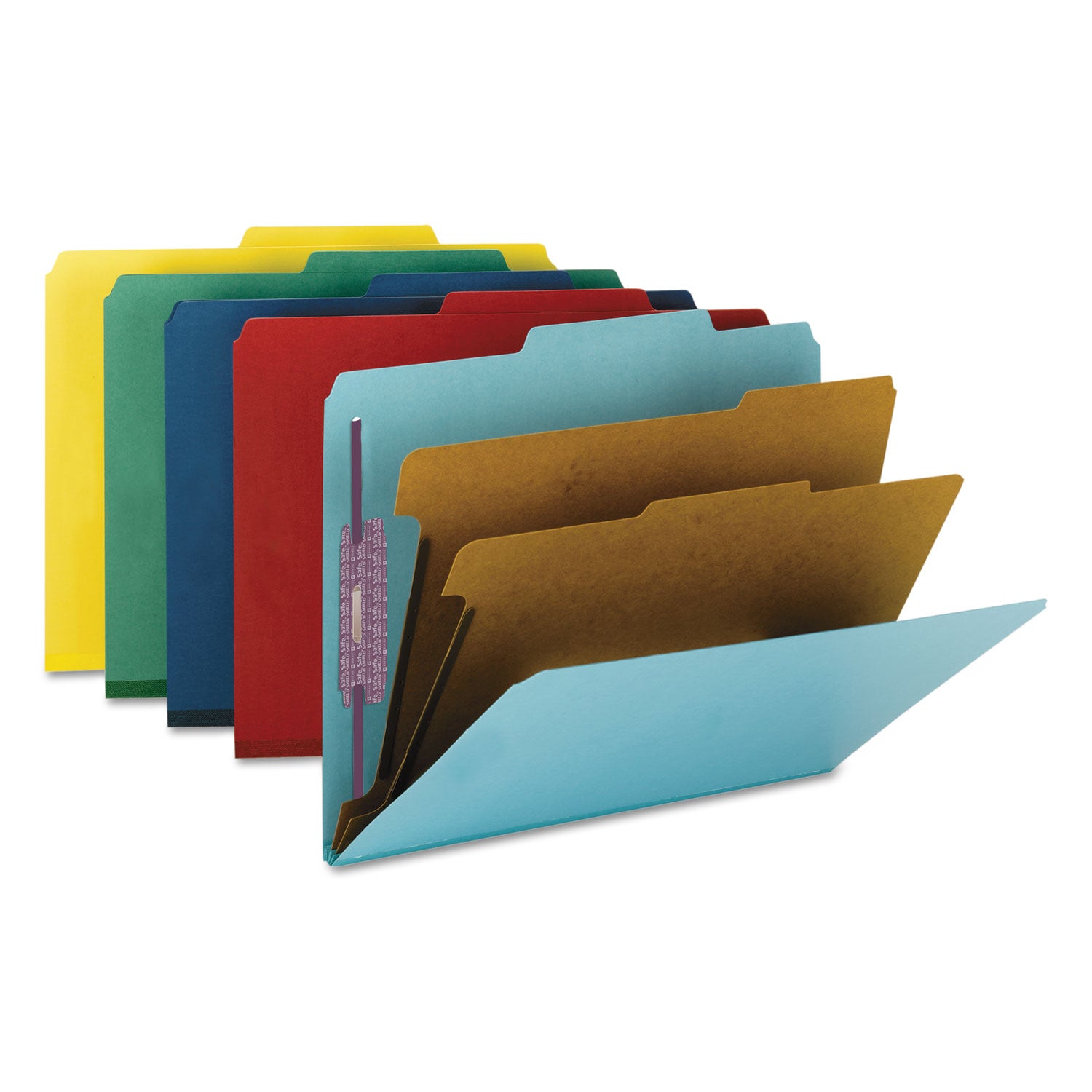 Six-Section Pressboard Top Tab Classification Folders, Six SafeSHIELD Fasteners, 2 Dividers, Letter Size, Assorted, 10/Box - 