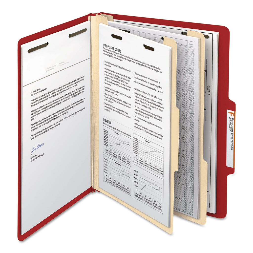 Top Tab Classification Folders, Six SafeSHIELD Fasteners, 2" Expansion, 2 Dividers, Letter Size, Red Exterior, 10/Box