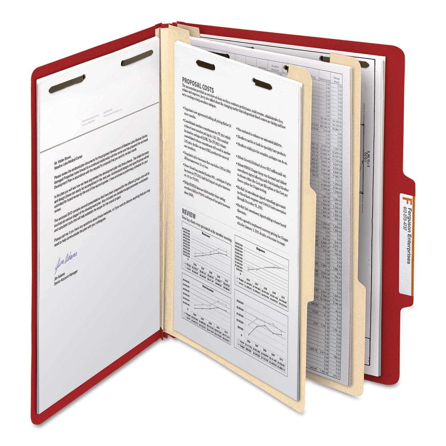Top Tab Classification Folders, Six SafeSHIELD Fasteners, 2" Expansion, 2 Dividers, Letter Size, Red Exterior, 10/Box