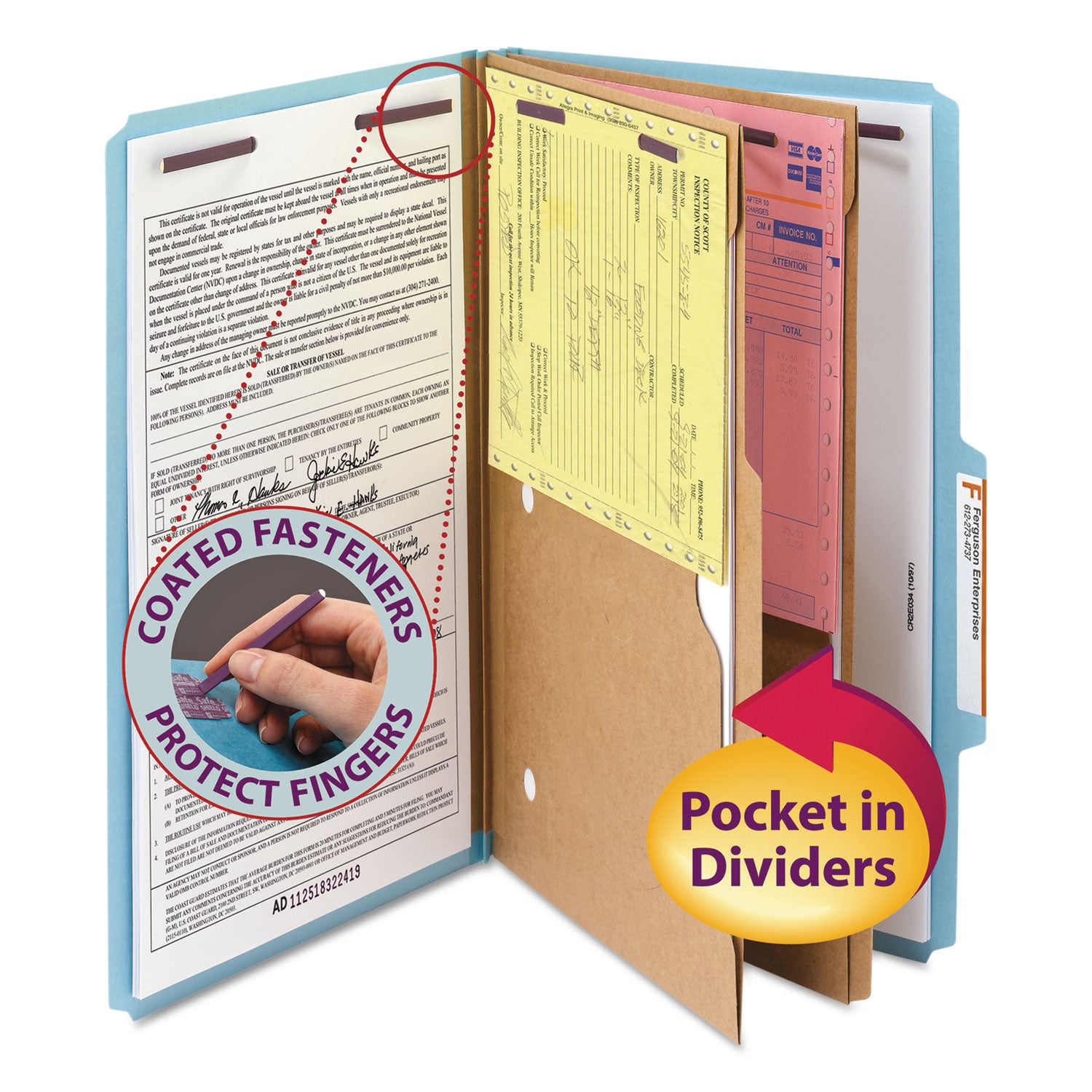 6-Section Pressboard Top Tab Pocket Classification Folders, 6 SafeSHIELD Fasteners, 2 Dividers, Legal Size, Blue, 10/Box - 