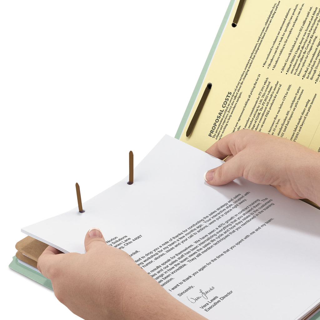 Recycled Pressboard Classification Folders, 2" Expansion, 2 Dividers, 6 Fasteners, Legal Size, Gray-Green, 10/Box