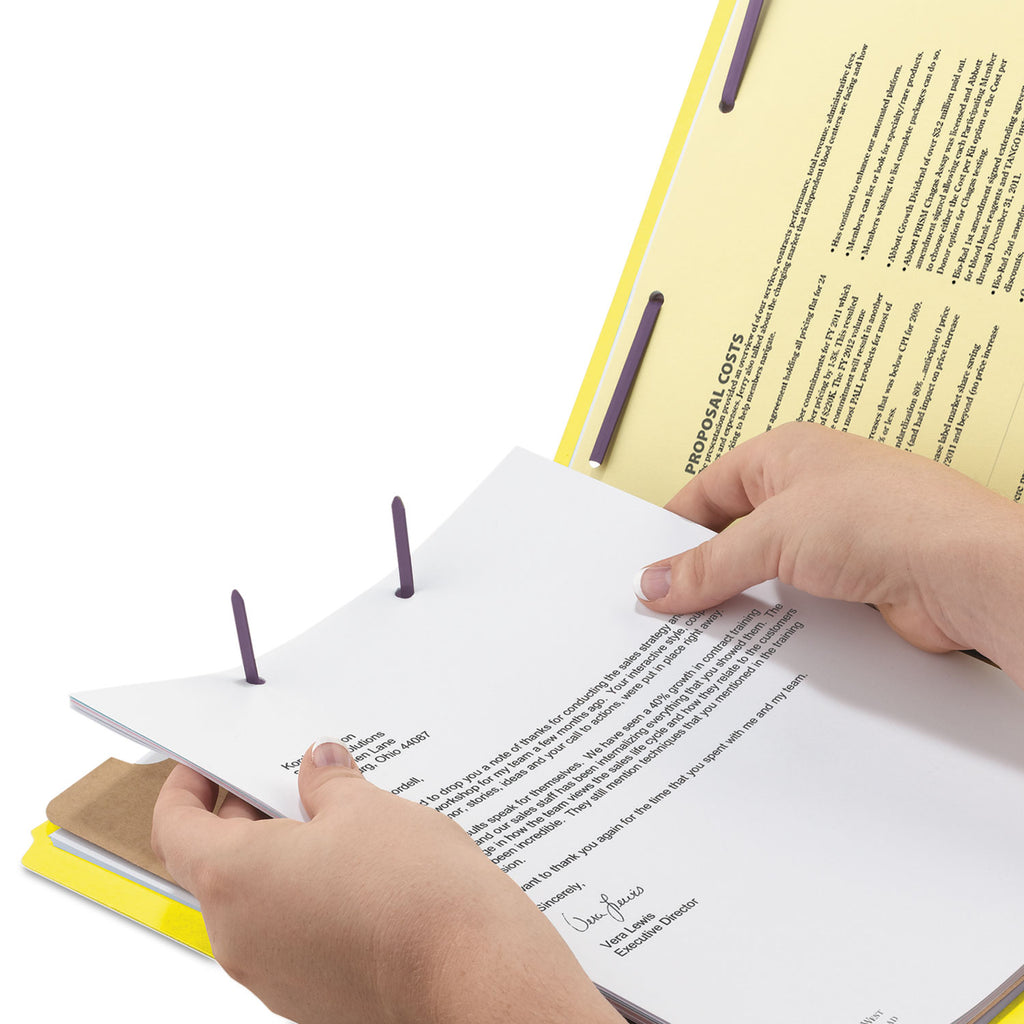 Four-Section Pressboard Top Tab Classification Folders, Four SafeSHIELD Fasteners, 1 Divider, Legal Size, Yellow, 10/Box