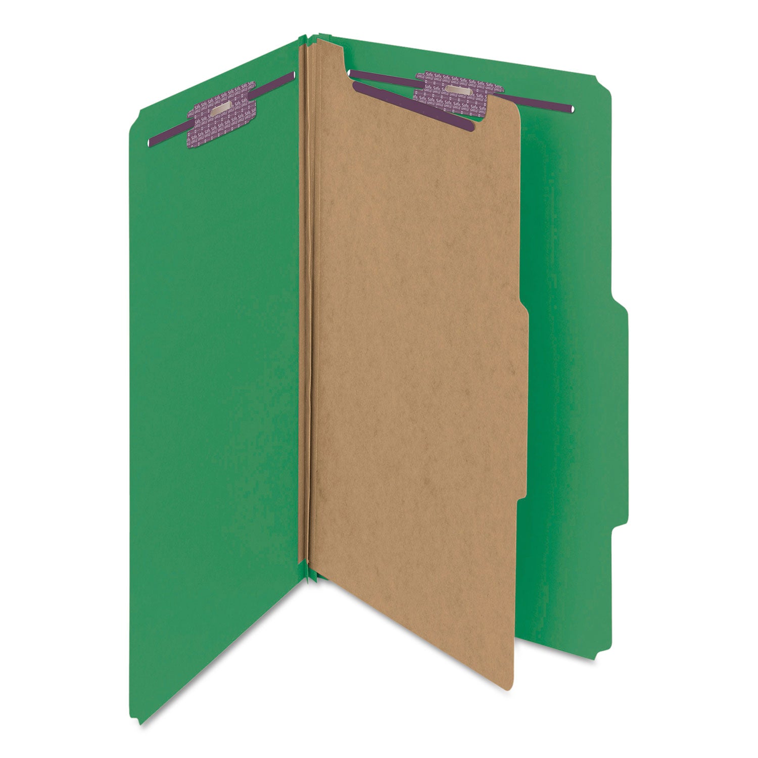 Four-Section Pressboard Top Tab Classification Folders, Four SafeSHIELD Fasteners, 1 Divider, Legal Size, Green, 10/Box - 