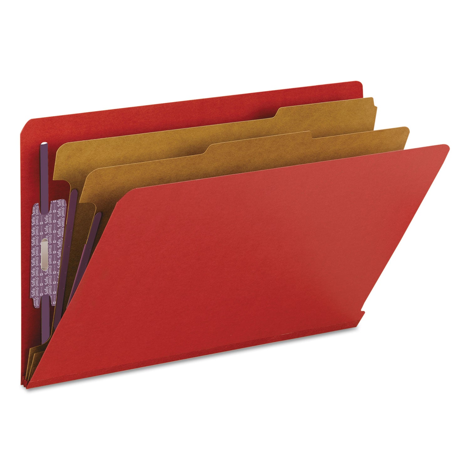 End Tab Pressboard Classification Folders, Six SafeSHIELD Fasteners, 2" Expansion, 2 Dividers, Legal Size, Bright Red, 10/Box - 