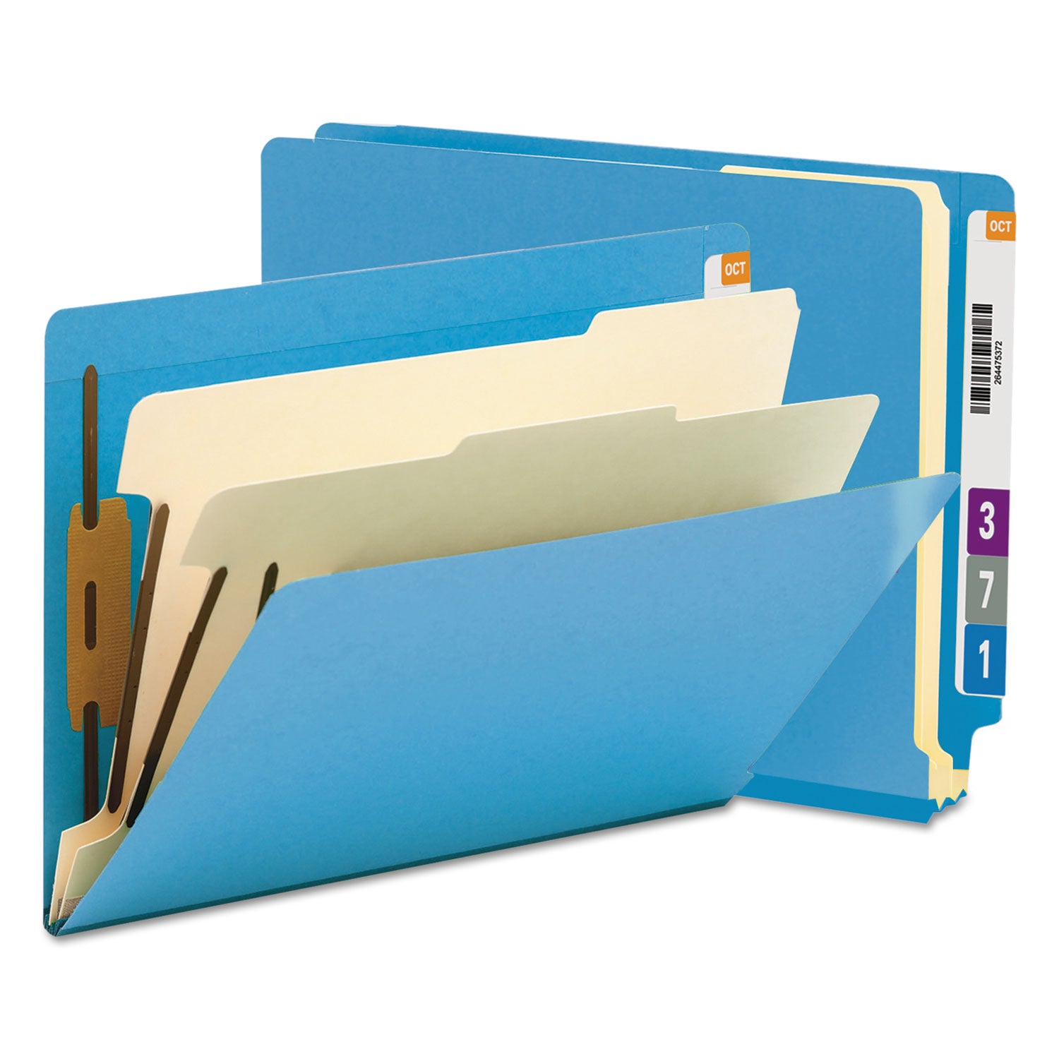 Colored End Tab Classification Folders with Dividers, 2" Expansion, 2 Dividers, 6 Fasteners, Letter Size, Blue, 10/Box - 