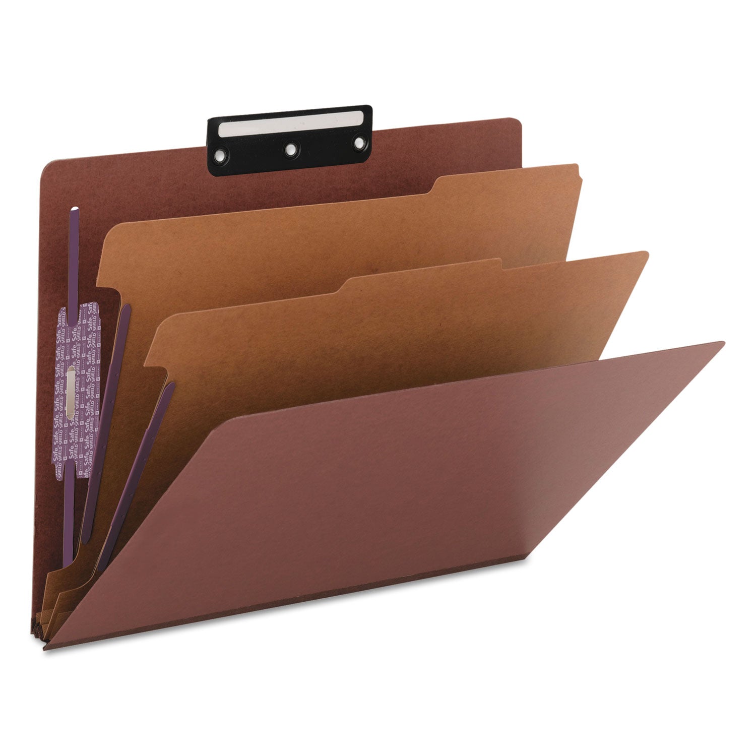 Pressboard Classification Folders, Six SafeSHIELD Fasteners, 1/3-Cut Tabs, 2 Dividers, Letter Size, Red, 10/Box - 