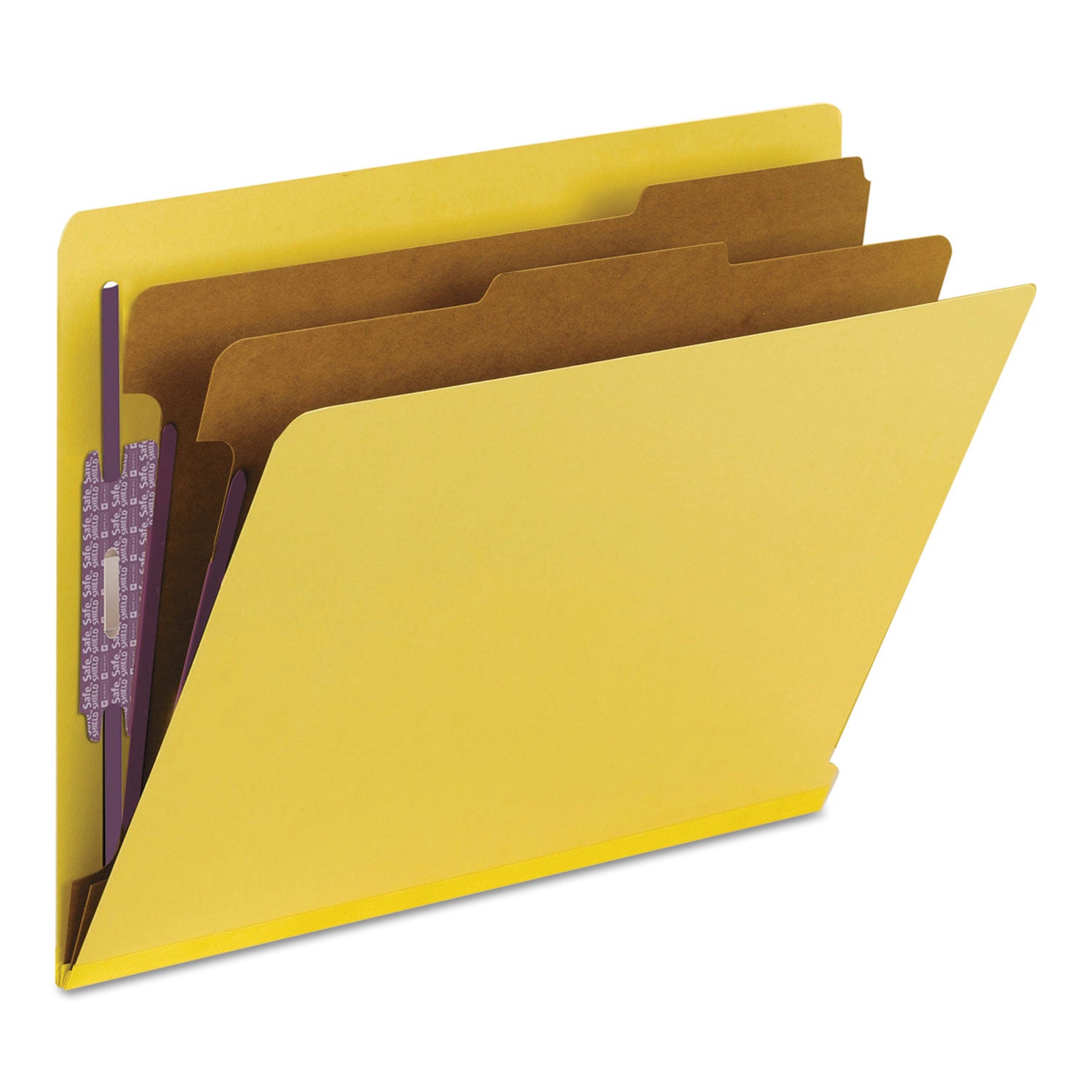 End Tab Pressboard Classification Folders, Six SafeSHIELD Fasteners, 2" Expansion, 2 Dividers, Letter Size, Yellow, 10/Box - 