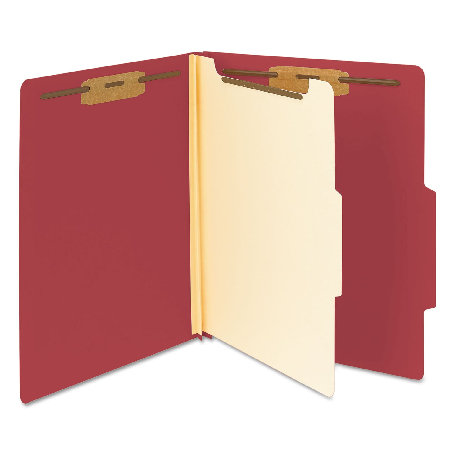 Top Tab Classification Folders, Four SafeSHIELD Fasteners, 2" Expansion, 1 Divider, Letter Size, Red Exterior, 10/Box - 