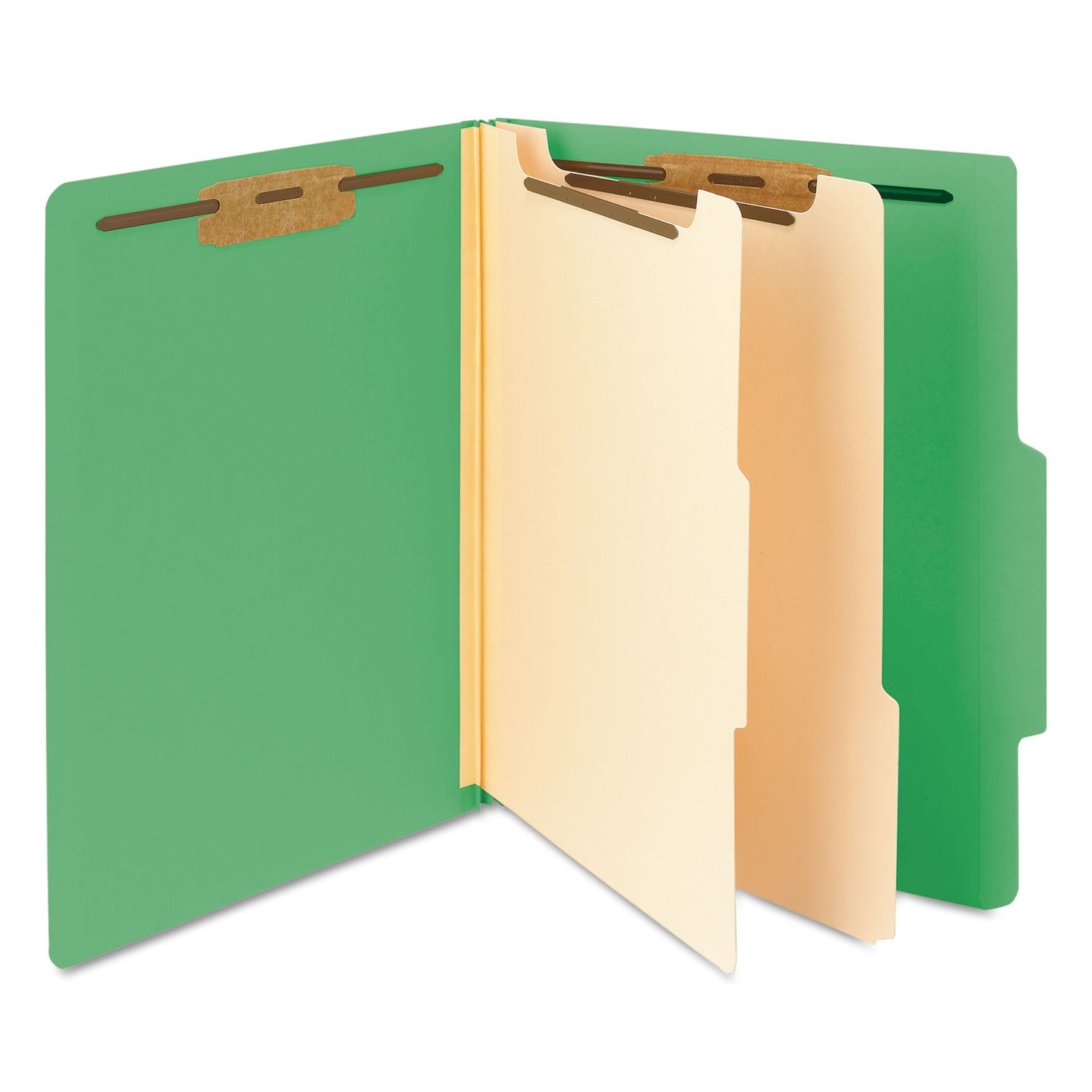 Top Tab Classification Folders, Six SafeSHIELD Fasteners, 2" Expansion, 2 Dividers, Letter Size, Green Exterior, 10/Box - 