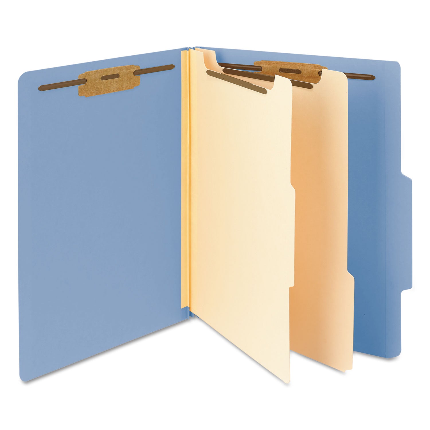 Top Tab Classification Folders, Six SafeSHIELD Fasteners, 2" Expansion, 2 Dividers, Letter Size, Blue Exterior, 10/Box - 