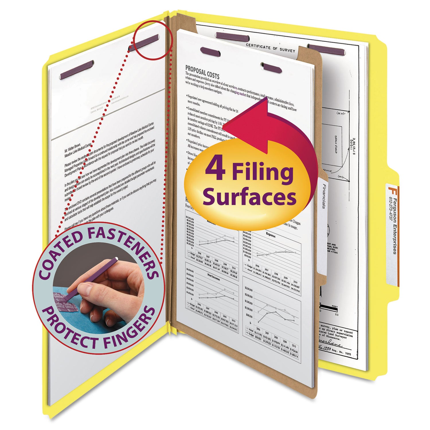 Four-Section Pressboard Top Tab Classification Folders, Four SafeSHIELD Fasteners, 1 Divider, Legal Size, Yellow, 10/Box - 