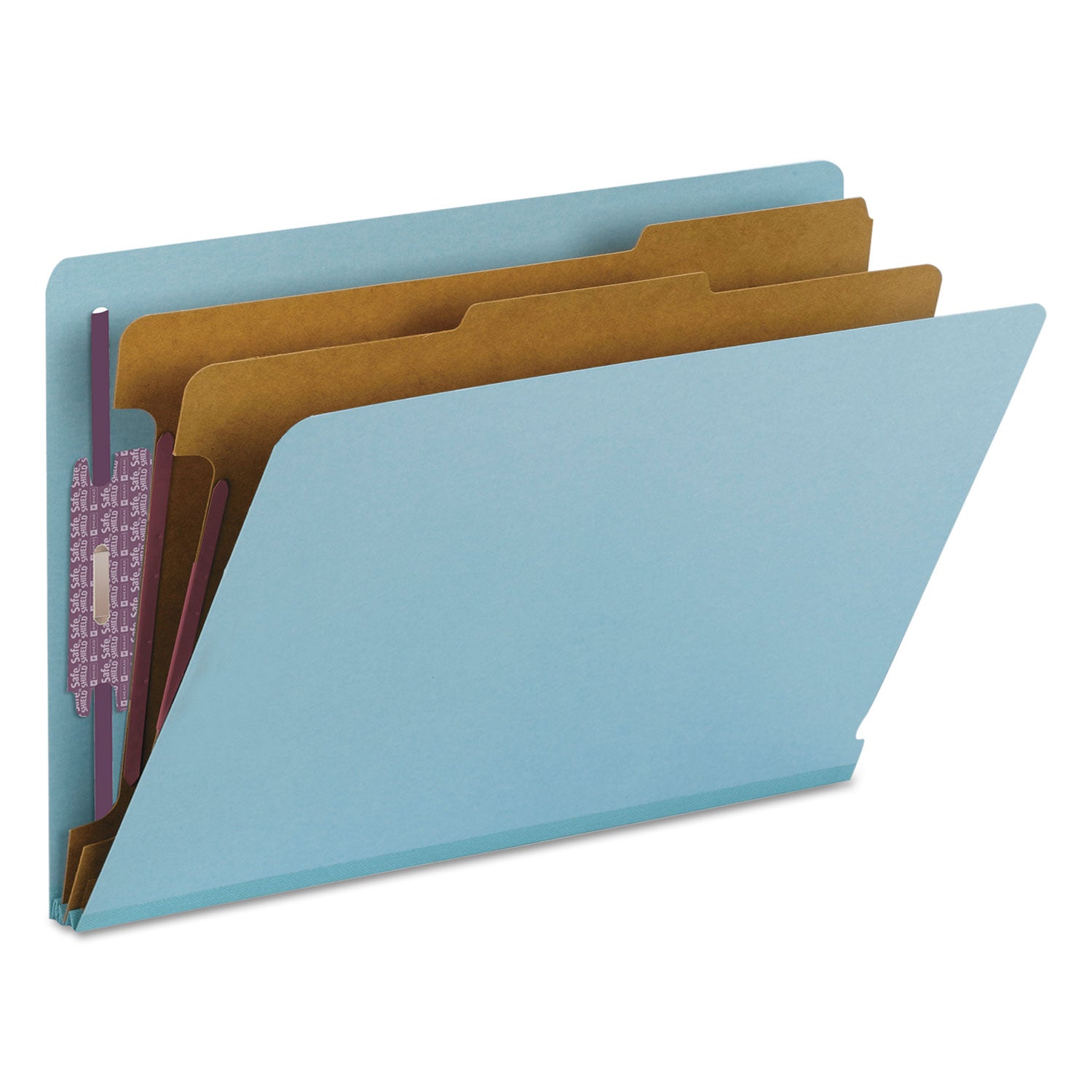 End Tab Pressboard Classification Folders, Six SafeSHIELD Fasteners, 2" Expansion, 2 Dividers, Legal Size, Blue, 10/Box - 