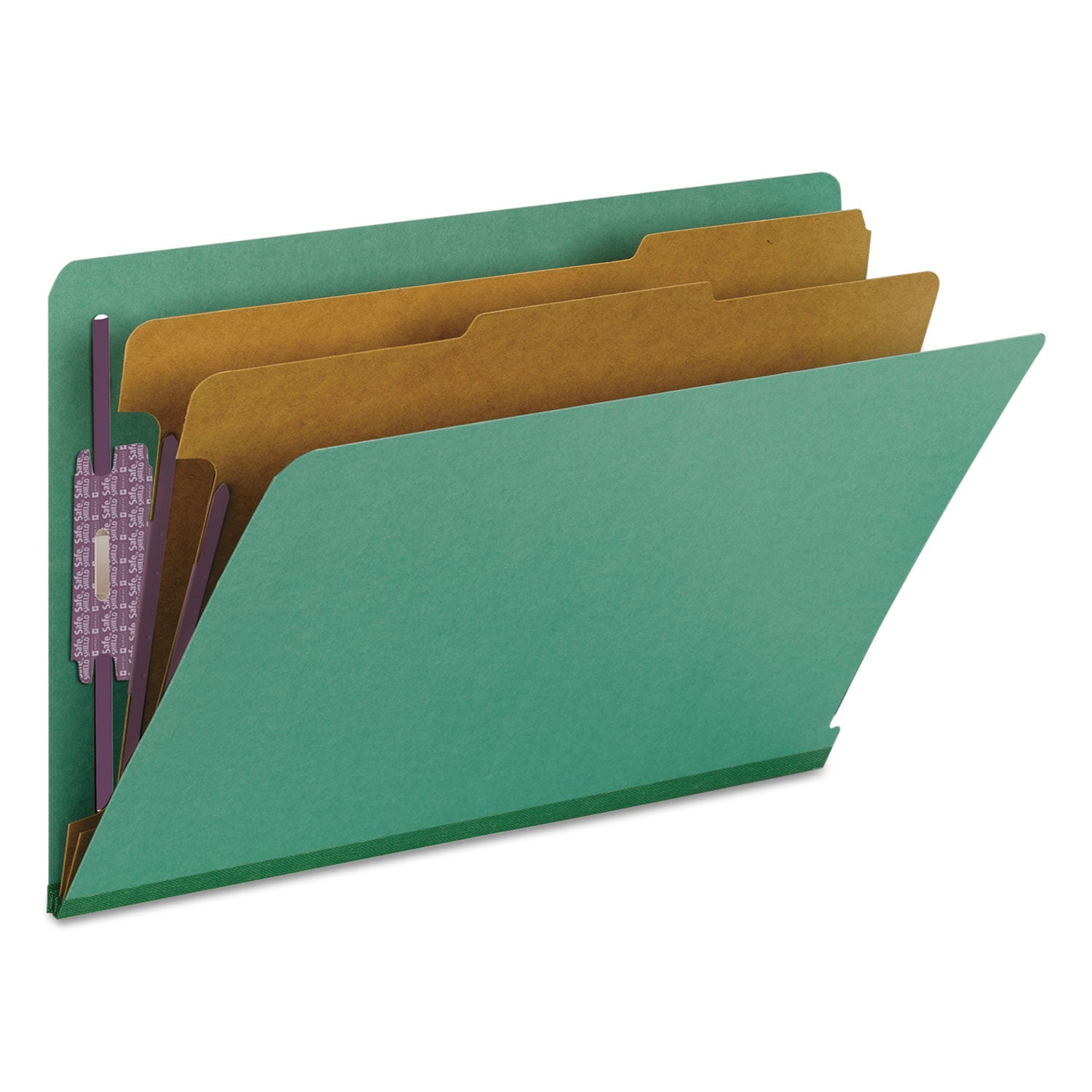 End Tab Pressboard Classification Folders, Six SafeSHIELD Fasteners, 2" Expansion, 2 Dividers, Legal Size, Green, 10/Box - 