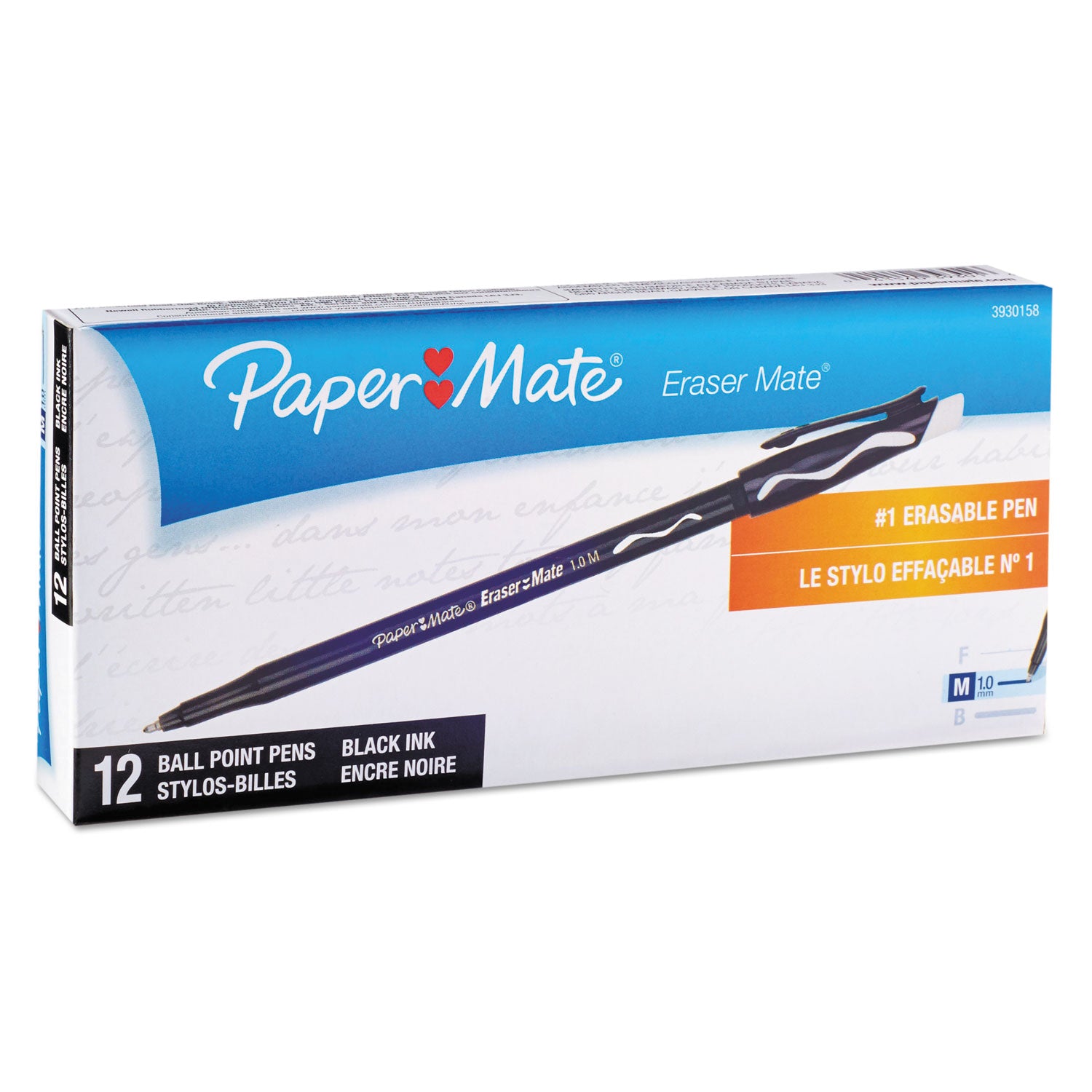 Eraser Mate Ballpoint Pen, Stick, Medium 1 mm, Black Ink, Black Barrel, Dozen - 