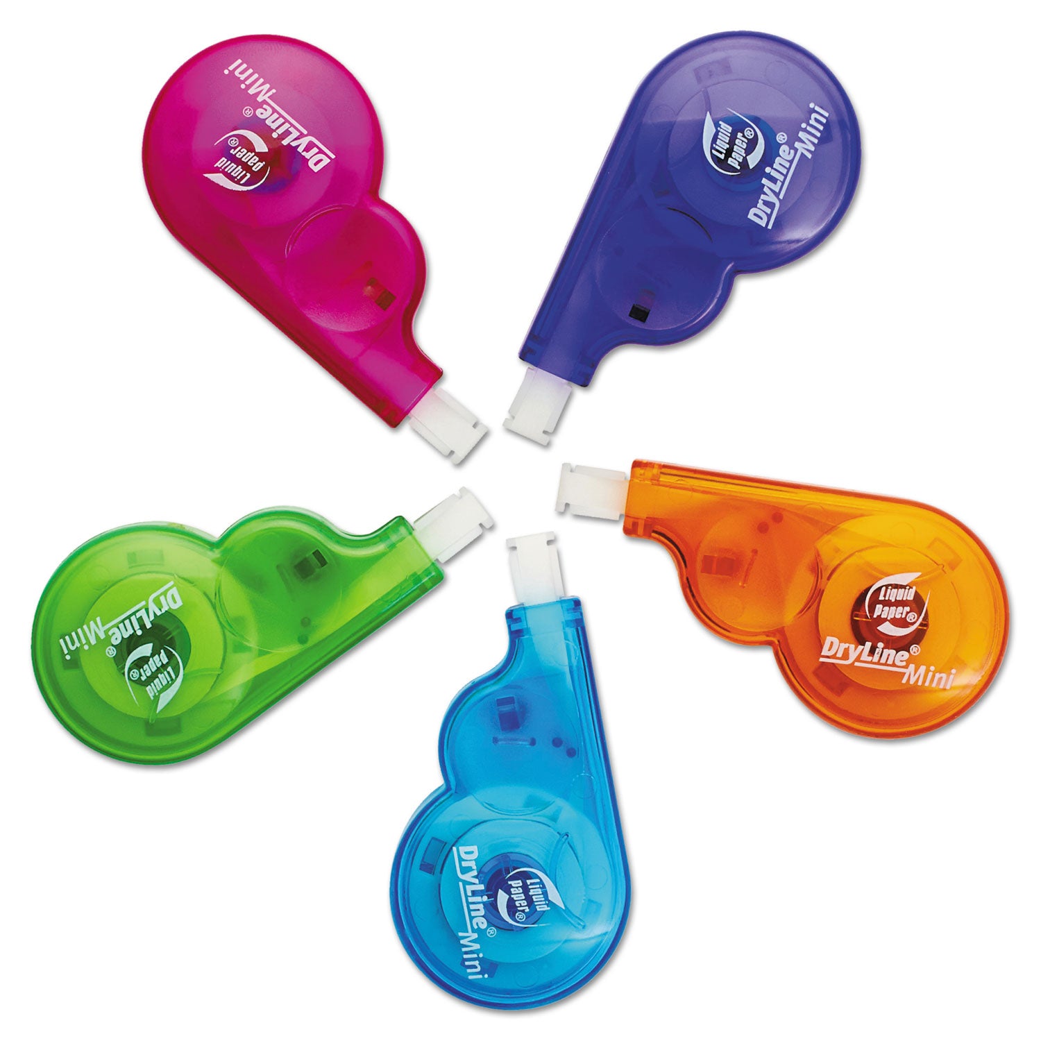 DryLine Mini Correction Tape, 0.2" x 197", Non-Refillable, Assorted Color Applicators, 5/Pack - 
