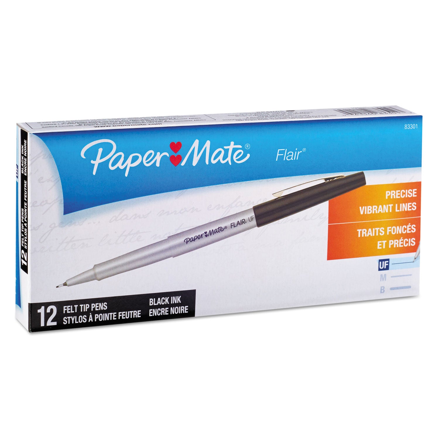 Flair Felt Tip Porous Point Pen, Stick, Extra-Fine 0.4 mm, Black Ink, Gray/Black Barrel, Dozen - 
