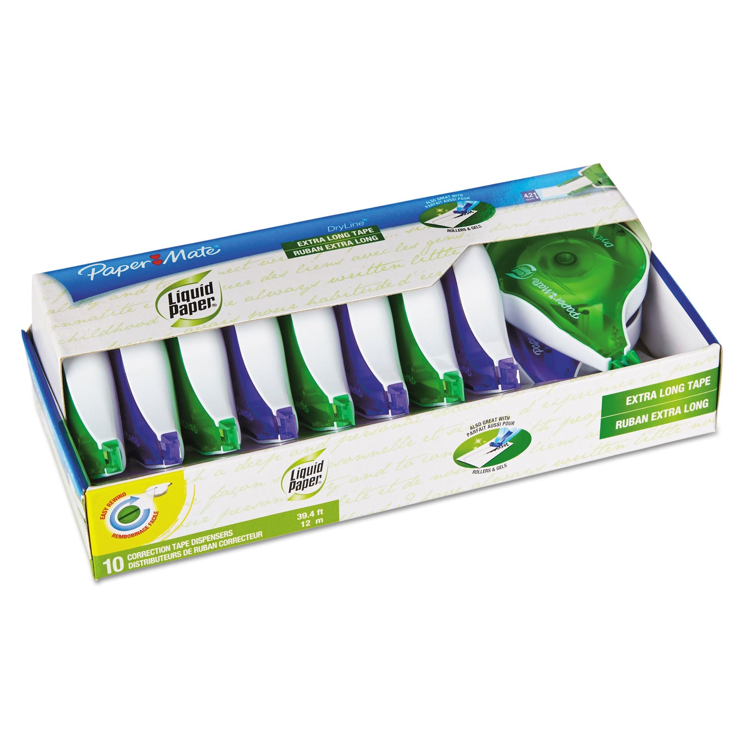 DryLine Correction Tape, Non-Refillable, Green/Purple Applicators, 0.17" x 472", 10/Pack - 