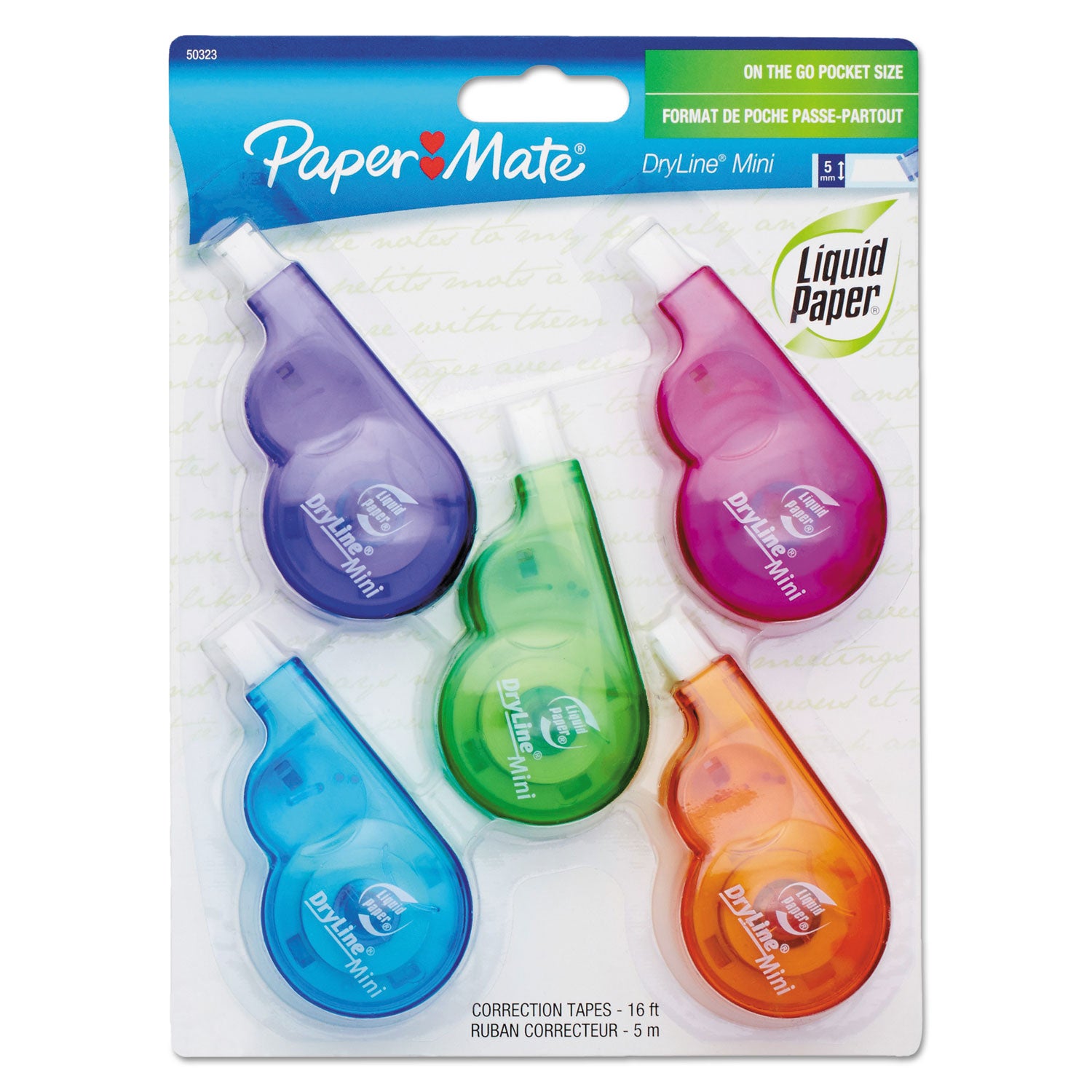 DryLine Mini Correction Tape, 0.2" x 197", Non-Refillable, Assorted Color Applicators, 5/Pack - 