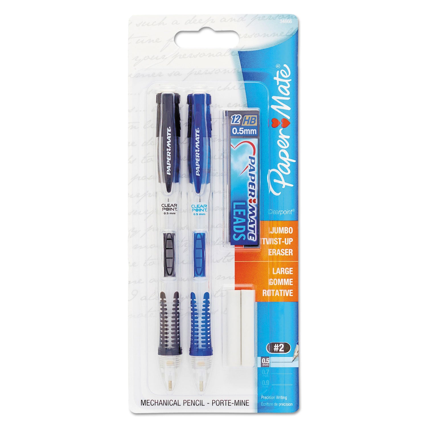 Clear Point Mechanical Pencils with Tube of Lead/Erasers, 0.5 mm, HB(#2), Black Lead, Randomly Assorted Barrel Colors, 2/Pack - 