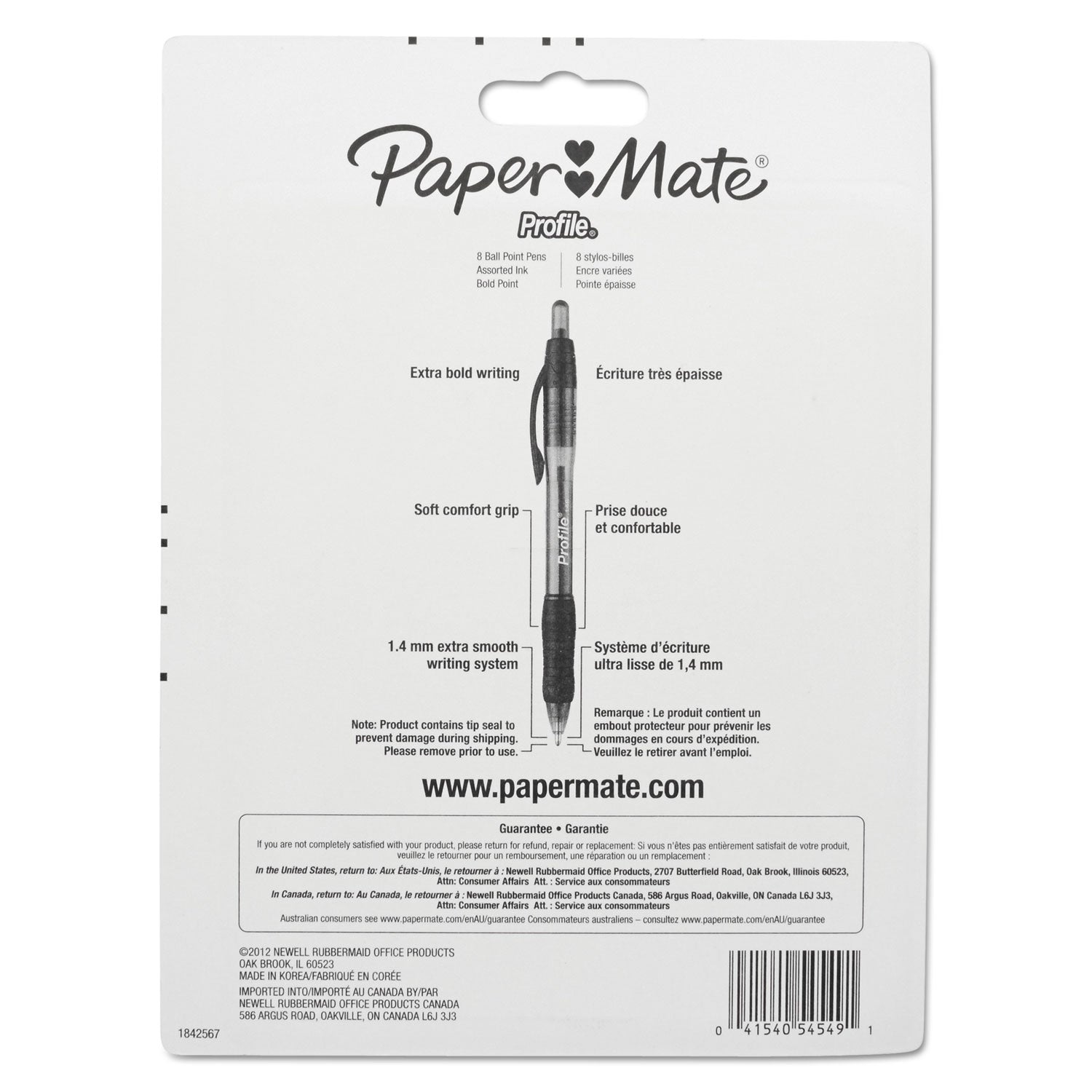 Profile Ballpoint Pen, Retractable, Bold 1.4 mm, Assorted Ink and Barrel Colors, 8/Pack - 
