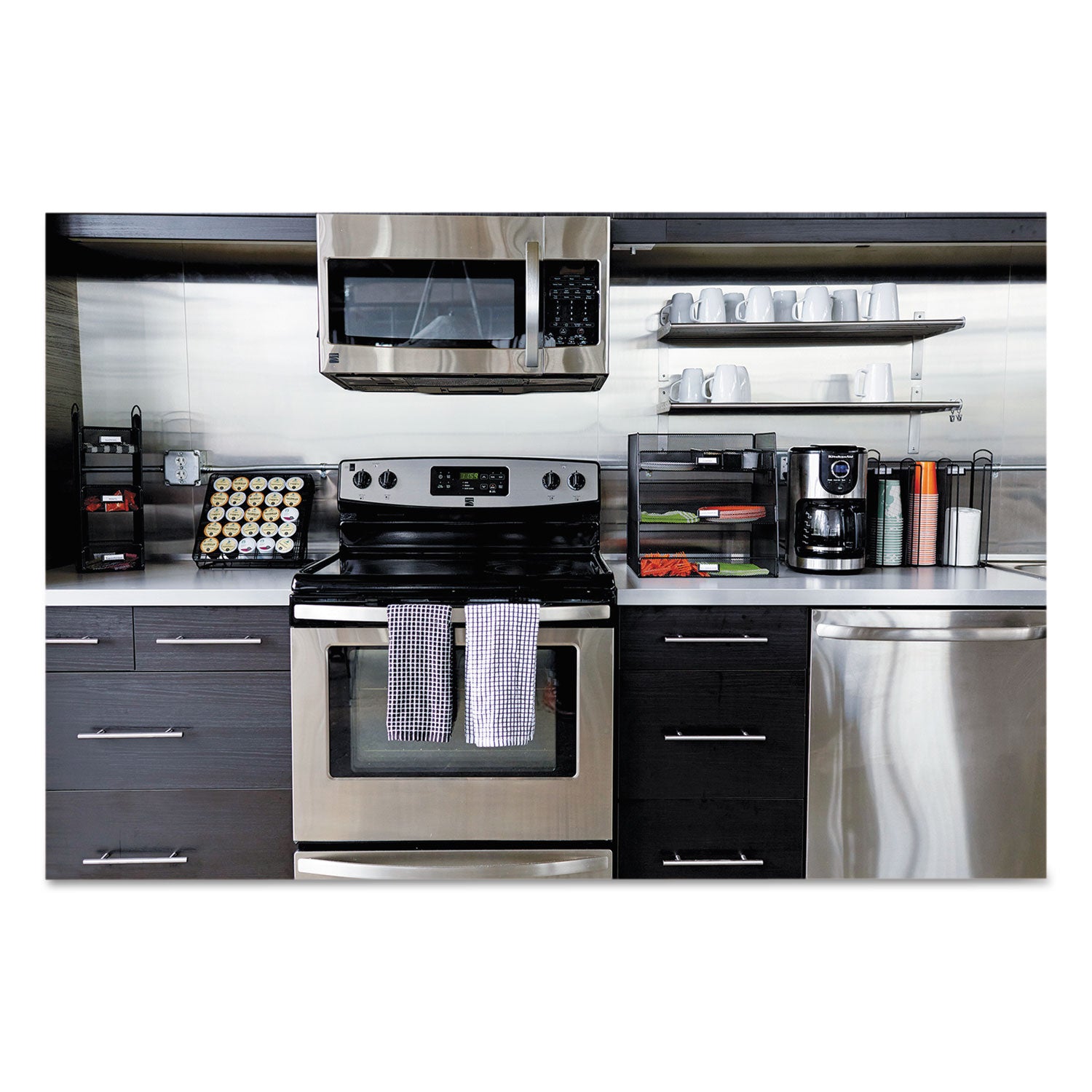 Onyx Breakroom Organizers, 3 Compartments, 12.75 x 4.5 x 13.25, Steel Mesh, Black