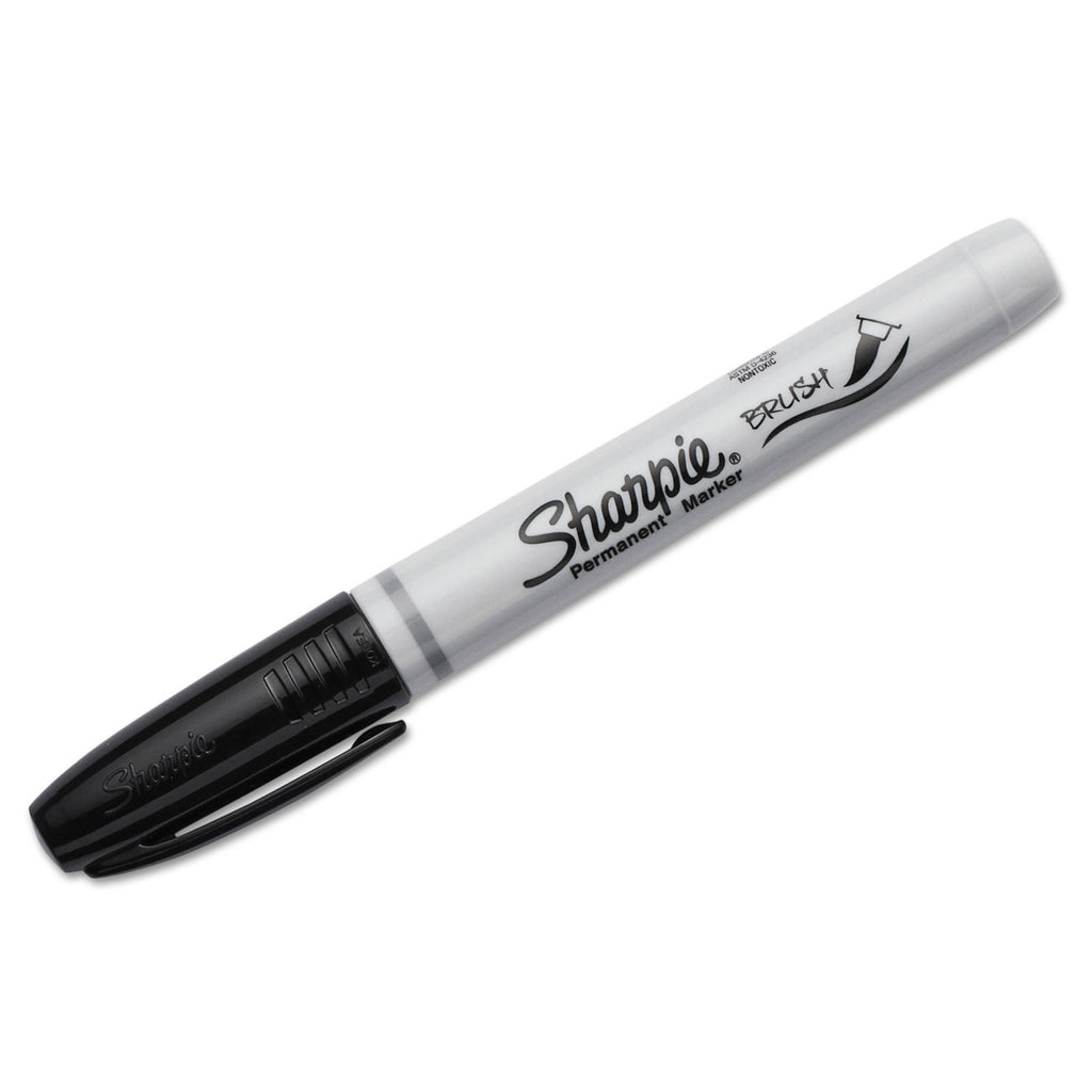 Brush Tip Permanent Marker, Medium Brush Tip, Black, Dozen - 