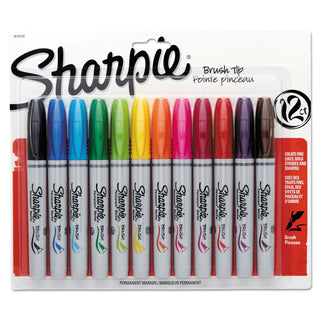 Brush Tip Permanent Marker, Medium Brush Tip, Assorted Colors, 12/Set - 